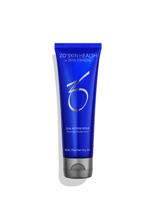 ZO Skin Health Dual Action Scrub by Zein Obagi MD, a 116g vibrant blue tube with a silver cap and logo on a black background.