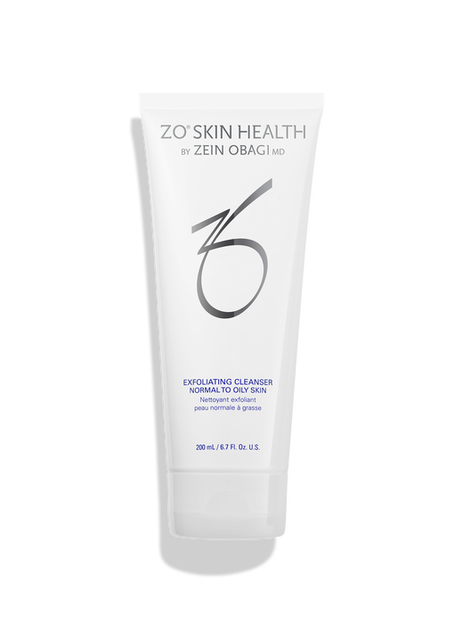 ZO Skin Health Exfoliating Cleanser for normal to oily skin, 200ml white tube with silver and blue lettering.