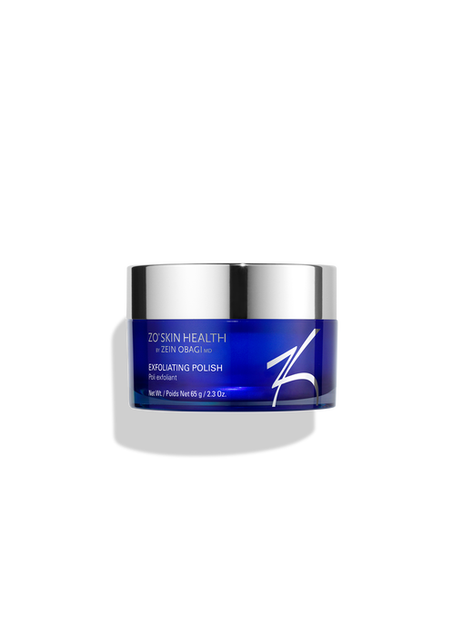 A 65g jar of ZO Skin Health Exfoliating Polish. Translucent cobalt blue jar with a polished silver lid and white ZO branding on a black background.