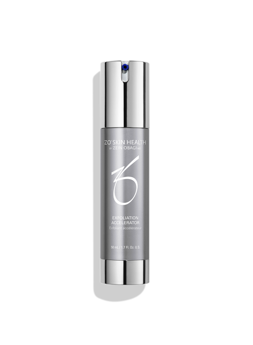 ZO Skin Health Exfoliation Accelerator, 50ml silver and grey pump bottle by Zein Obagi MD on a black background.