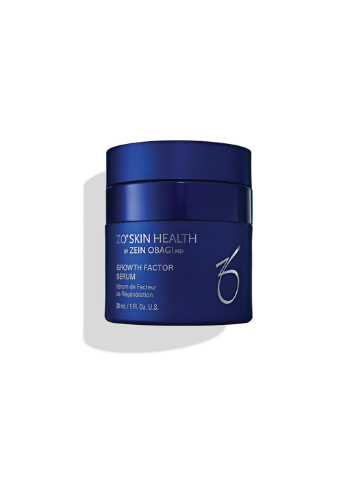 A 30ml blue cylindrical jar of ZO Skin Health Growth Factor Serum by Zein Obagi MD, shown against a black background.