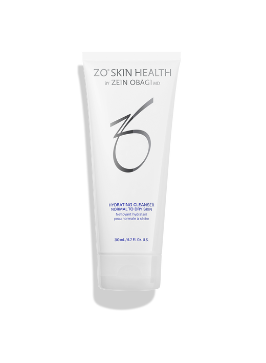 ZO Skin Health Hydrating Cleanser for normal to dry skin, 200ml white tube with blue and grey text on a black background.