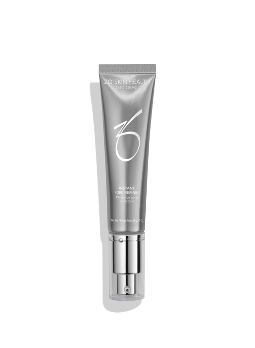 ZO Skin Health Instant Pore Refiner, 29g silver metallic tube with a pump dispenser, featuring the ZO logo on a black background.