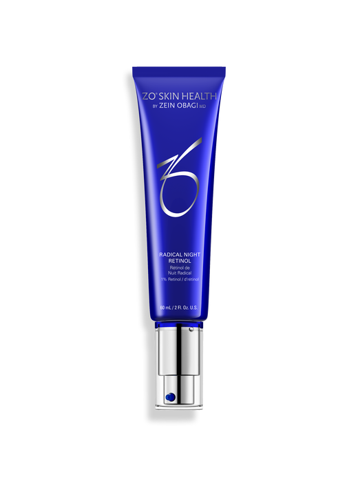 A 60ml blue tube of ZO Skin Health Radical Night Retinol 1% with a silver pump dispenser, shown against a black background.