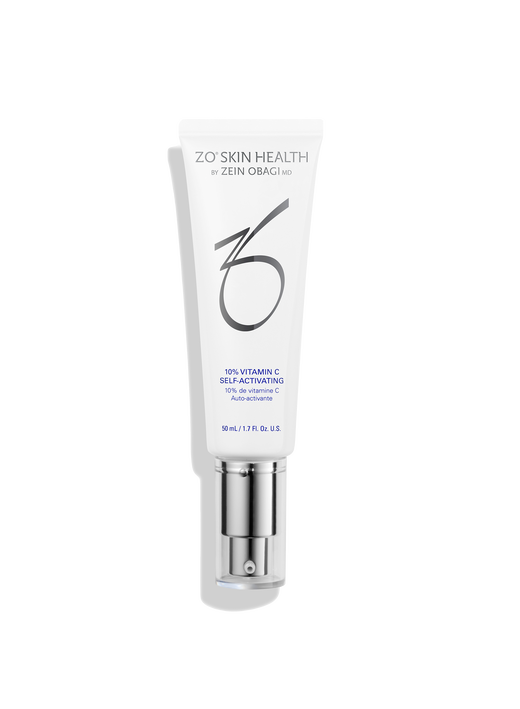ZO Skin Health 10% Vitamin C Self-Activating, 50ml white tube with silver pump dispenser.